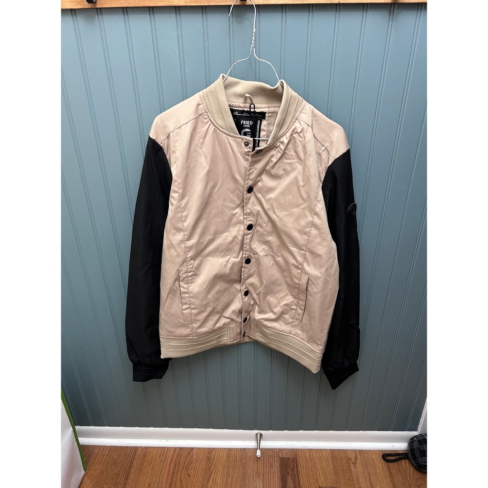FRIED DENIM Mens Bomber Jacket Beige Black Size M Snap Front Logo Patch